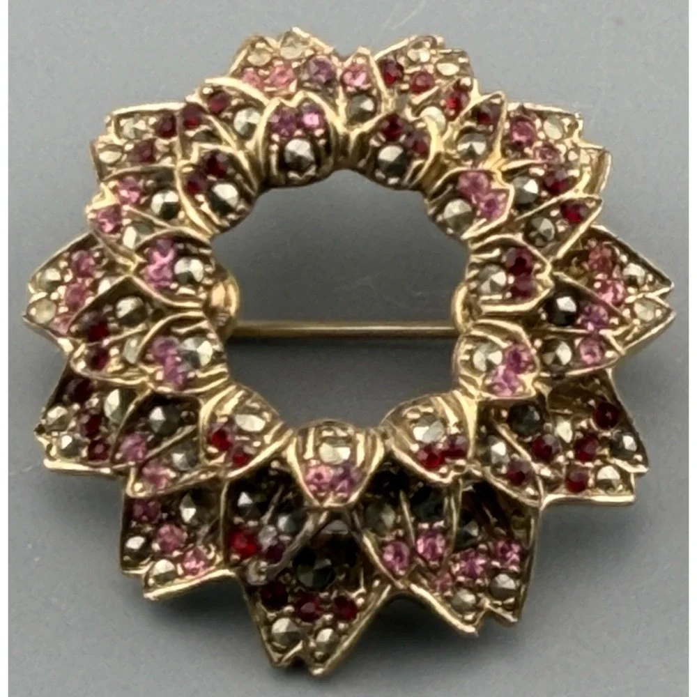 Vintage Les Bernard Brooch Pink Red Rhinestone Marcasites Dimensional Floral